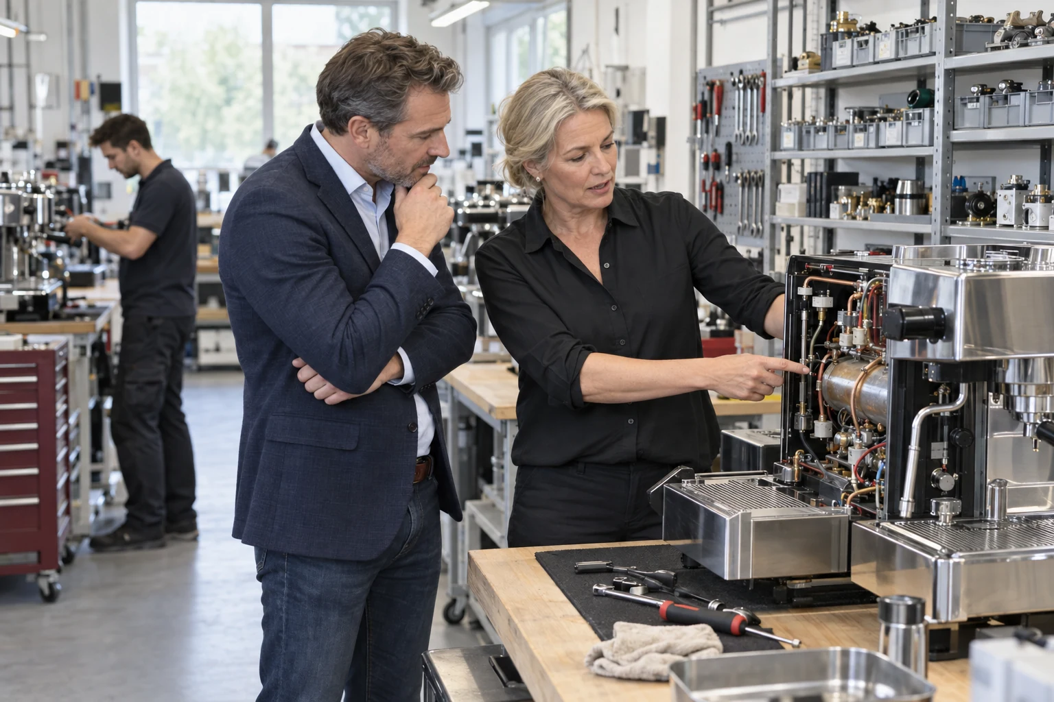 Kaufinteressent besichtigt mit einer Geschäftsführerin einen Servicebetrieb für Kaffeemaschinen