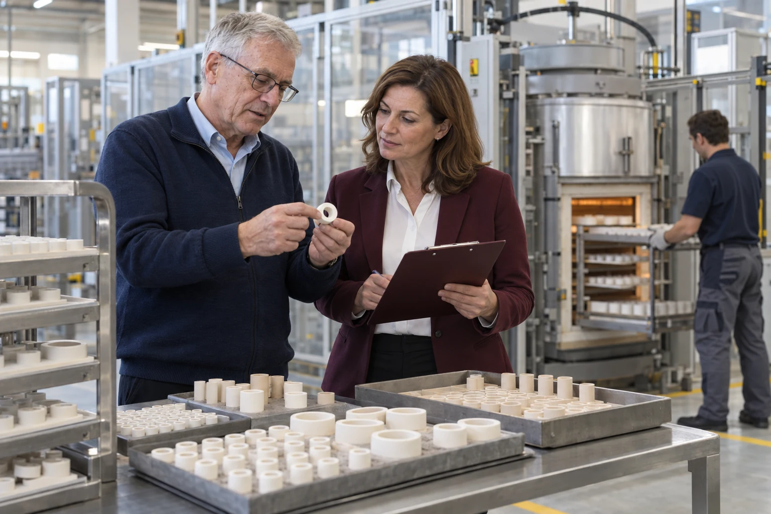 Eigentümer und kaufmännische Leiterin betrachten technische Keramikbauteile in der Fertigung